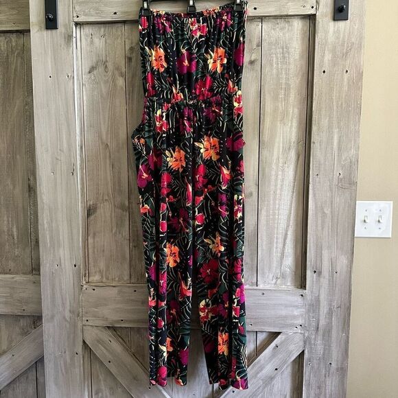 Express Strapless Jumpsuit Tropical Palm Floral hibiscus - Picture 3 of 7
